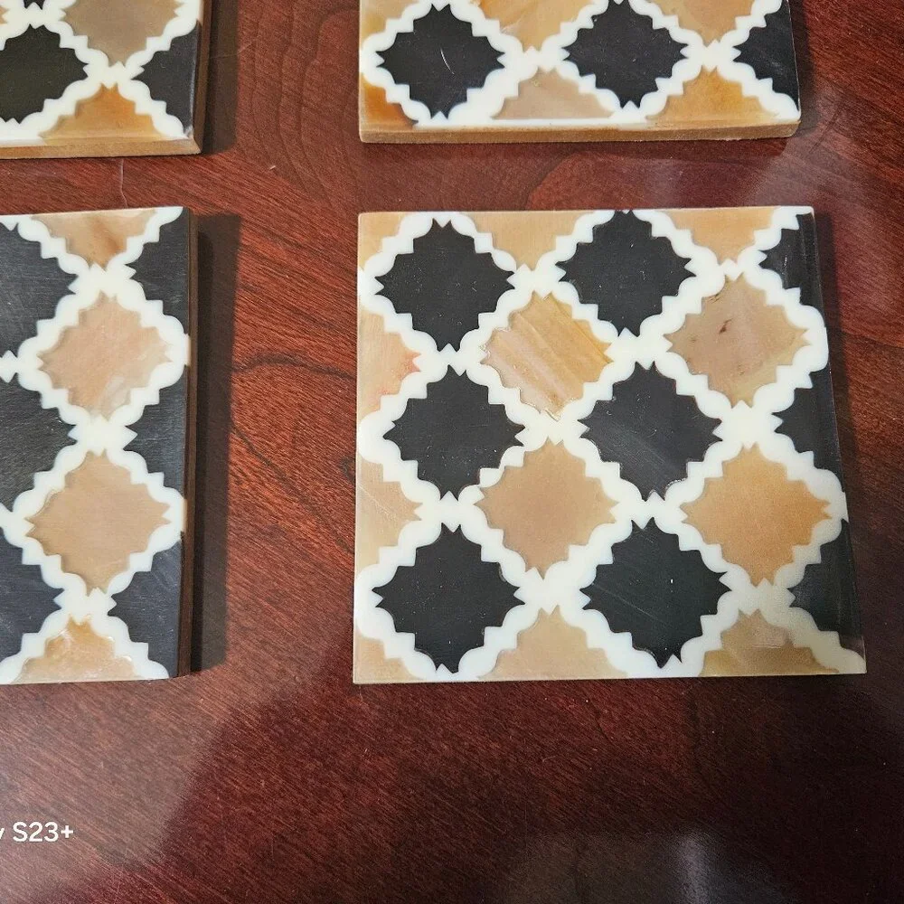 4 MODERN MY MELA BONE INLAID BLACK BEIGE BAR DRINK WOOD COASTERS MADE IN INDIA